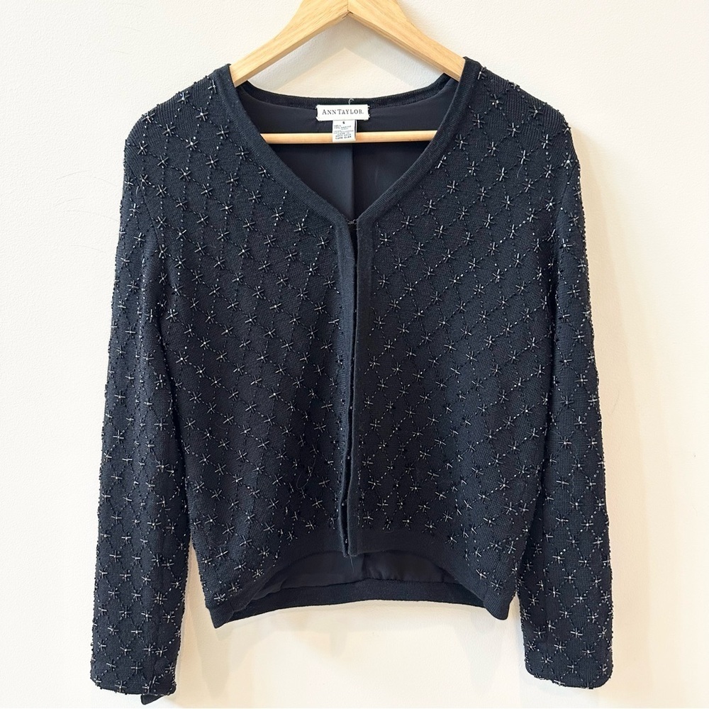 Vintage 90s Ann Taylor Beaded Cardigan V-neck Black Small